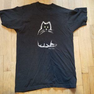 VINTAGE 80's 90's Single Stitch Graphic Tee T Shirt Black White Cat Shirt Size L